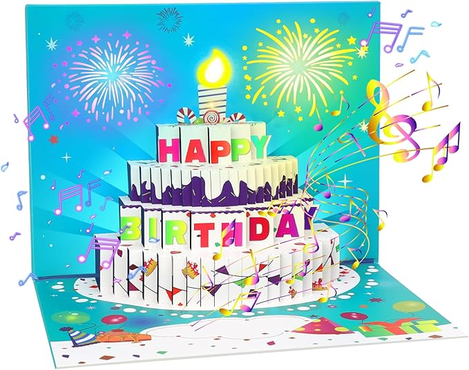 3D Pop-Up Birthday Card with LED Lights & Blowable Candle – Interactive Music Greeting Card for Women, Men, Kids Green