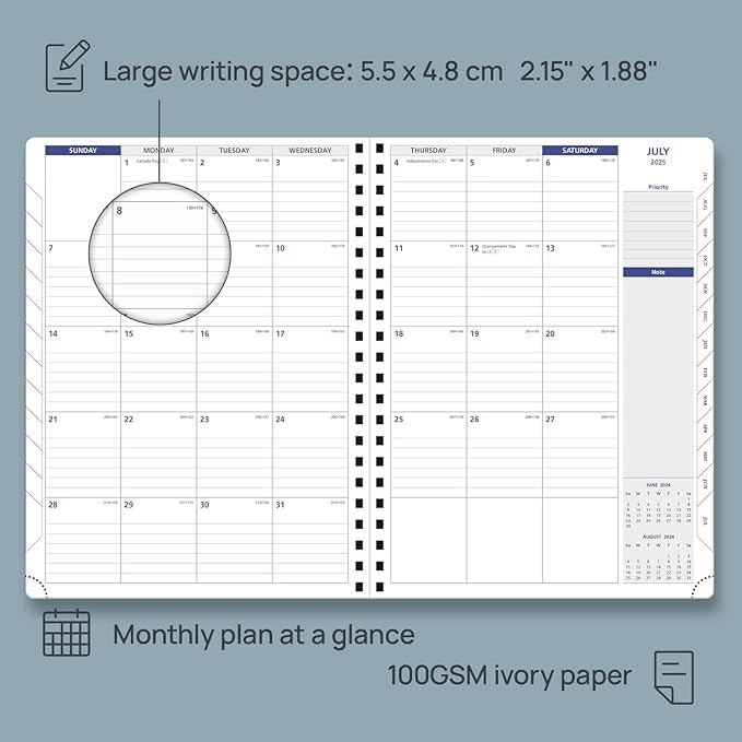 POPRUN 2025 Weekly Planner Spiral Bound with Monthly Tabs 8.5" x 11", Quarter-Hourly Appointment Book with PU Leather Soft Cover, Dual Pockets, Gift Box, Sunday Start - Brown