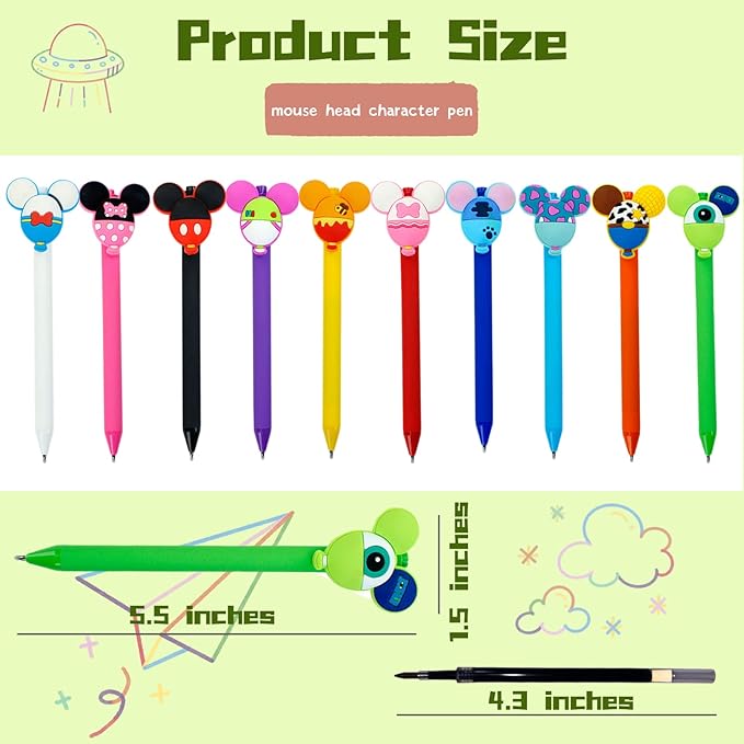 10pcs Mouse Head Character Ears Pens Set, Retr ctable Ballpoint Pen, Multi Color Jumbo Autograph Princess Pencil Signature Office Desk Stationary Accessories, Gift for Teacher Student