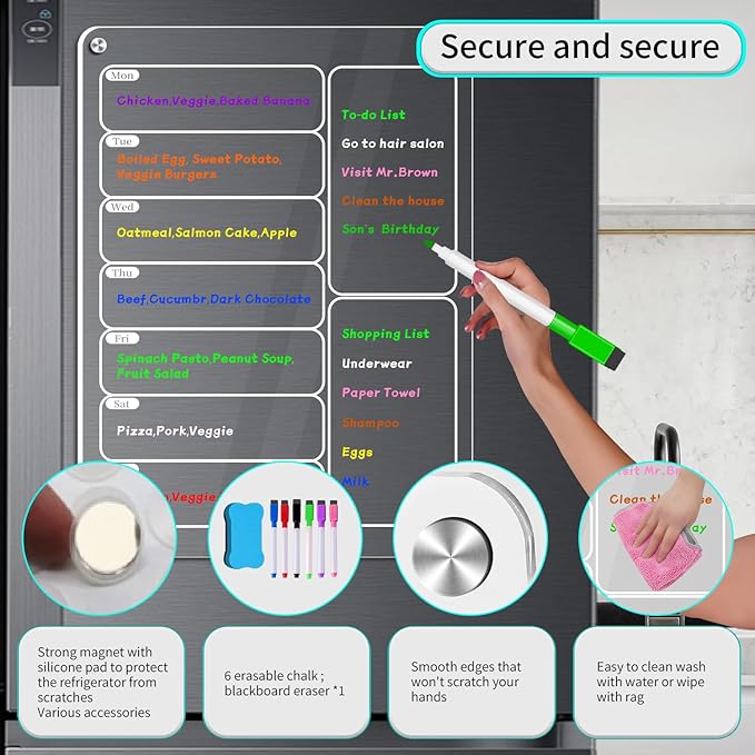 Acrylic Meal Planner Magnetic Menu Board for Kitchen Fridge, Clear Weekly Calendar Planning Board Refrigerator to Do/Grocery/Shopping List/Chore Chart, Magnetic Pen Holder and Eraser, 11.8 x 8’’