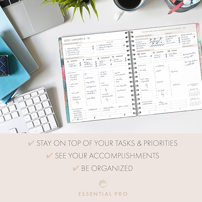 Essential PRO 2025 Daily, Weekly & Monthly Planner, 7"x9": 14 Months (Nov 2024 - Dec 2025) Monthly Tabs,Daily Tracking,Notes Pages,Storage Pocket,Bookmark w Sticky Notes (Teal Floral)