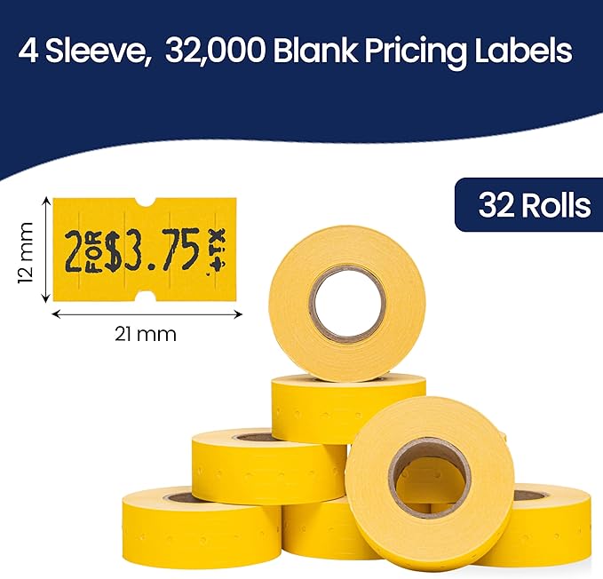 Perco 1 Line Yellow Labels - 32 Rolls, 4 Sleeves, 32,000 Blank Price and Date Gun Labels for Perco 1 Line Price and Date Guns - Made in USA