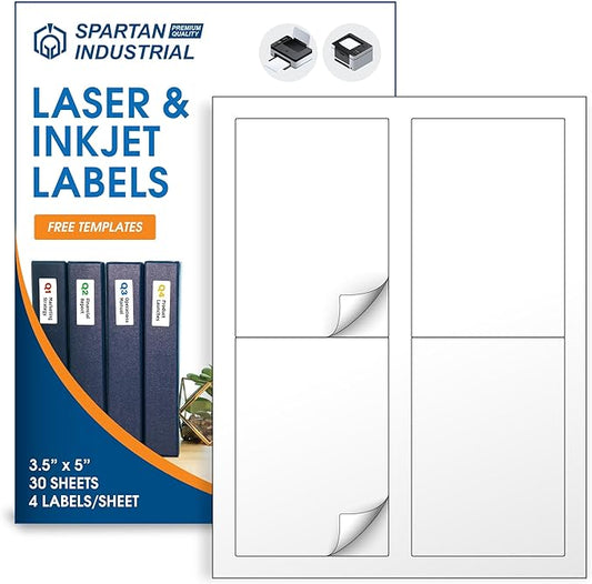 3 1/2" X 5" Matte White Printable Labels Compatible with Inkjet and Laser Printers - 30 Sheets, 120 Stickers for Shipping, Mailing, and Organization - Spartan Industrial