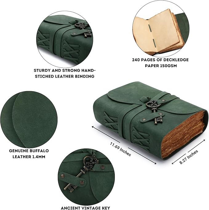 Fausta Vintage Handcrafted Leather Journal with Key for Writing, 240 Pages (A4), Deckled Cotton Paper Notebook/Diary for Men and Women 150 GSM Drawing/Sketchbook, Hunter Green