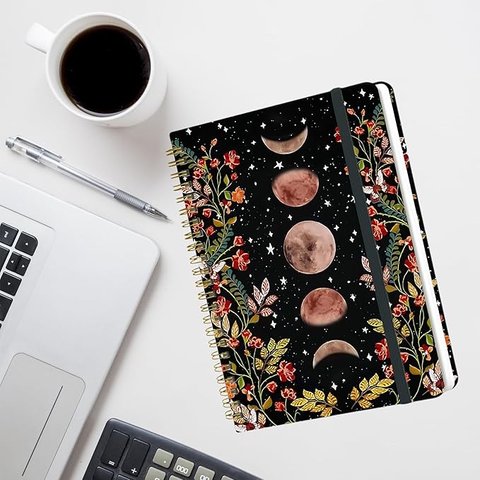 Yoiilifee Spiral Notebook - A5 Spiral Notebooks, 8.3'' × 5.8'', 160 Pages, Aesthetic Journaling Notebooks for Women, College Lined Notebook with Elastic Closure, Back Pocket, for School Office, Moon