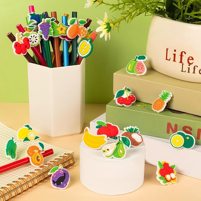 WDAHDHP Pencil Clips Topper for Kids, 50Pcs Different Cute Pencil Fruit Clips, Pencil Charms Bulk for Boys and Girls Classroom Prizes School Rewards