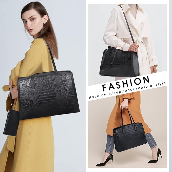Laptop Bag for Women 15.6 Inch Laptop Tote Bags PU Leather Lightweight Womens Computer Bag Office Shoulder Bag Handbag Large Capacity Fashion Work Briefcase Bag 2PCs Black Crocodile Pattern