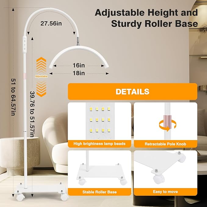 Lash Light for Eyelash Tech with Wheels, Half Moon Light for Lashes, Nails and Estheticians, LED Floor Lamp Adjustable Brightness and Color Modes (White)