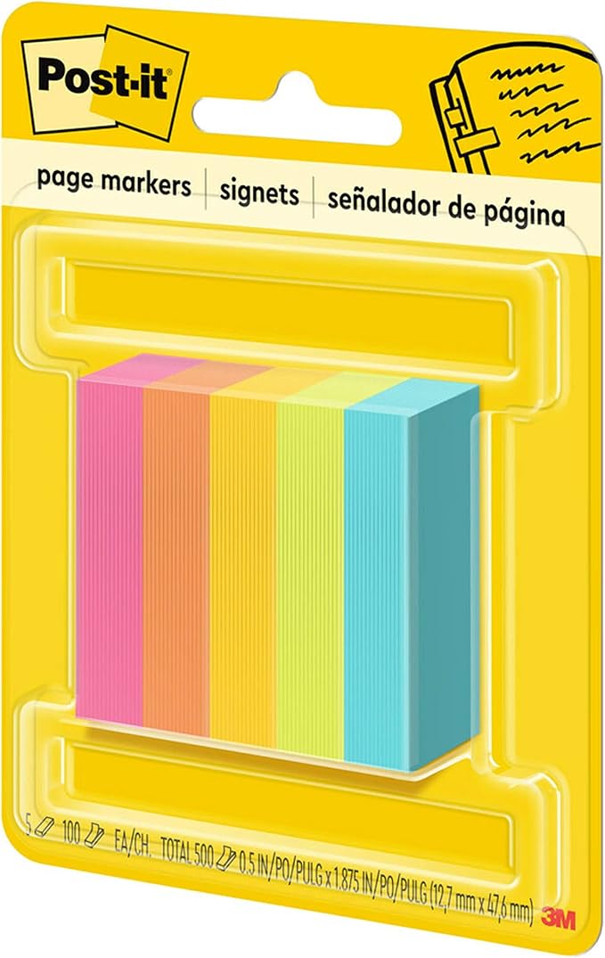 Post-it Page Markers, Assorted Colors, 1/2 in x 2 in, 100 Sheets/Pad, 5 Pads/Pack (670-5AN)