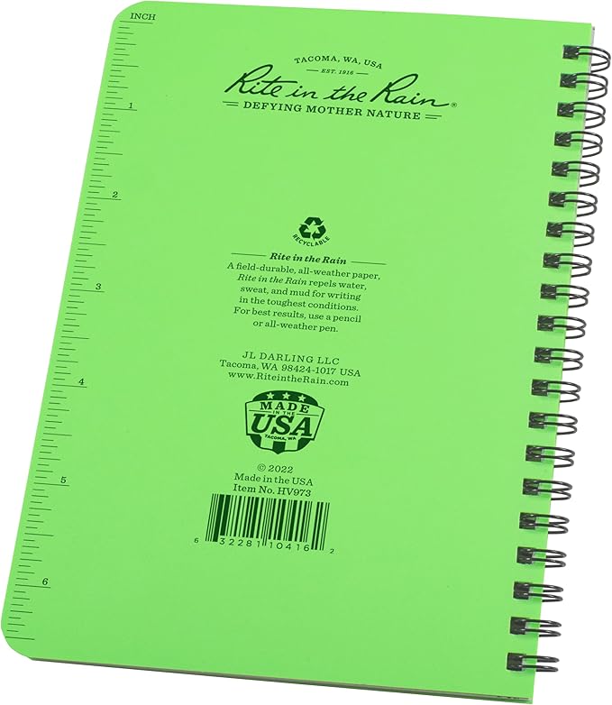 Rite in the Rain Weatherproof Side Spiral Notebook, 4.625" x 7", Hi Vis Green Cover, Universal Pattern (No. HV973)