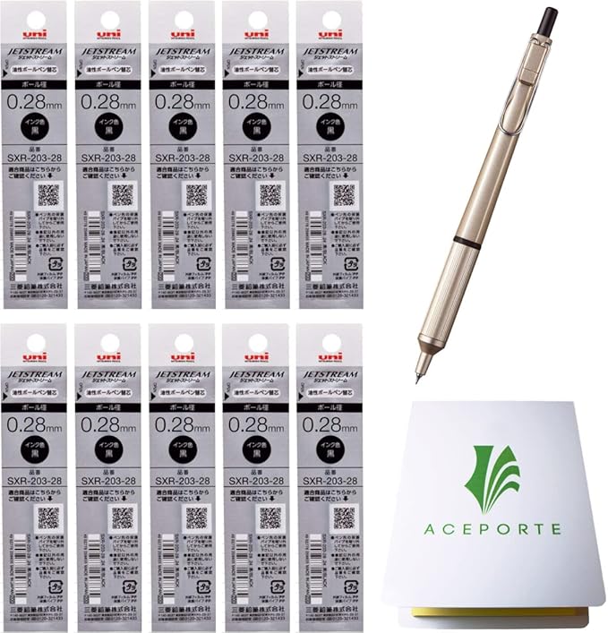 Uni Jetstream EDGE 0.28mm Oil-based Ballpoint Pen Champagne Gold Body + 10 Black Refills, Sticky Notes Value Set