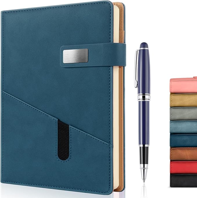A5 Lined Leather Journal with Pen, 240 Pages Refillable Hardcover Notebook with Pocket and Magnetic Buckle, 80gsm Thick Daily Diary for Men and Women, Great Gift for Business School Travel Personal -
