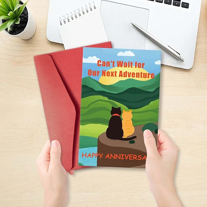 Funny Cat Anniversary Card Gift for Him Her, Happy Anniversary Card for Cat Lover, Romantic Cat Love Card for Boyfriend Girlfriend, Can't Wait for Our Next Adventure
