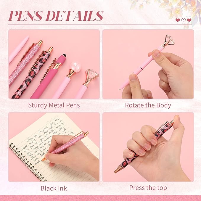 6 Pcs Ballpoint Pens Set Metal Crystal Diamond Pen for Journaling Glitter Pretty Cute Stationery Black Ink Fancy Gifts for Women Girls Teacher Office Wedding School Supplies(Pink Series)