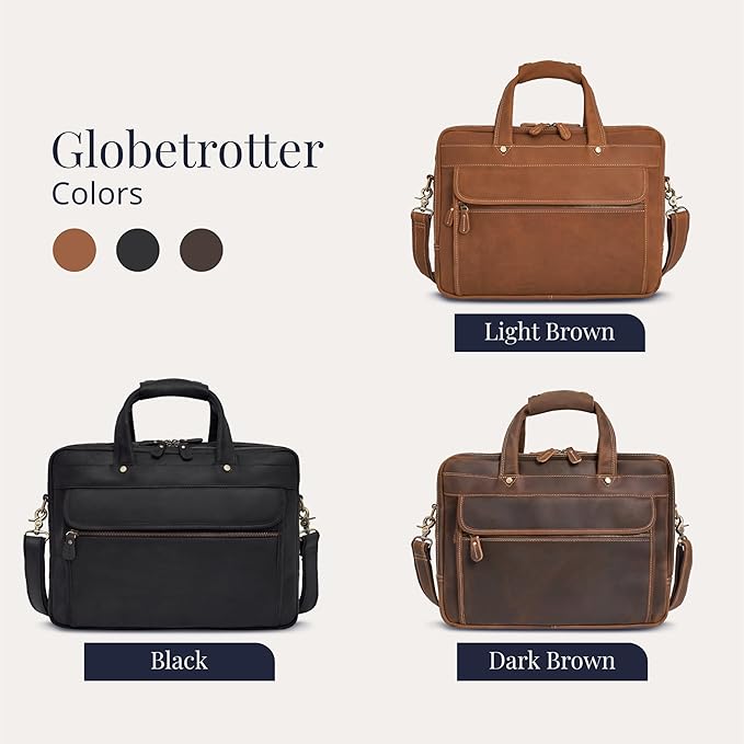 Luxorro Full Grain Leather Briefcase for Men, Light Brown, 17"(W) x 13"(H) x 5"(D), Fits 15.6 Inch Laptop