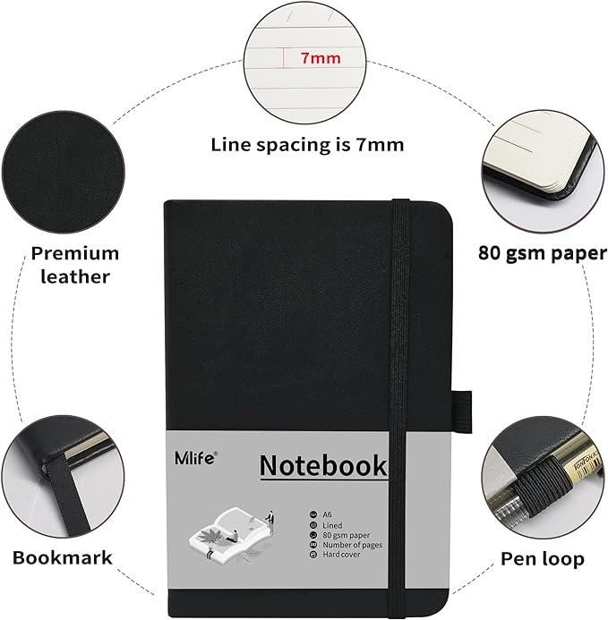 A6 Small Journal Notebook, Lined Pocket Notebook with Pen Holder, Mini Notebook Hardcover, 192 Pages, 3.9 inches * 5.5 inches Jurnal for Women and Man (3 Pack Black)