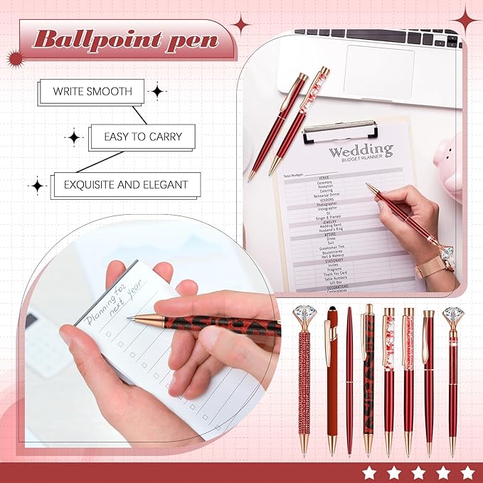 Supervitae 8 Pcs Ballpoint Pen for Women Fancy Gifts for Journaling Liquid Sand Glitter Black Ink Pens Bridal Shower Gifts for Wedding Women Office Desk School Stationery Supplies(Red)