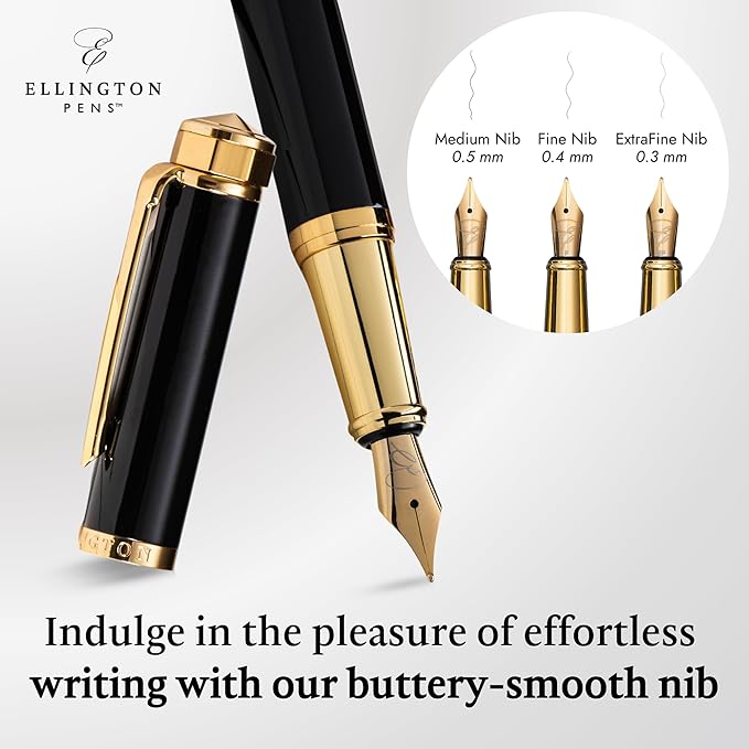 Luxury Fountain Pen Set- Fountain Pens for Writing - Smooth Medium Nib - Includes Refillable Ink Converter, 3 Ink Cartridges [Black & Blue], Gift Box - Elegant Calligraphy
