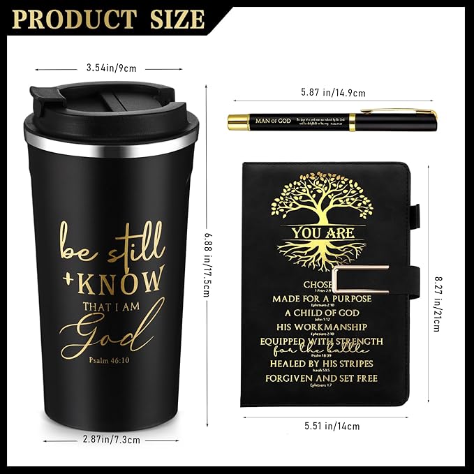 Pickmesh 3 Pcs Christian Gift for Men Man of God Gift Bible Verse A5 Leather Journal with Ballpoint Pen 17 oz Stainless Steel Tumbler Easter Gift Baskets for Father's Day Pastor Birthday Church(Black)