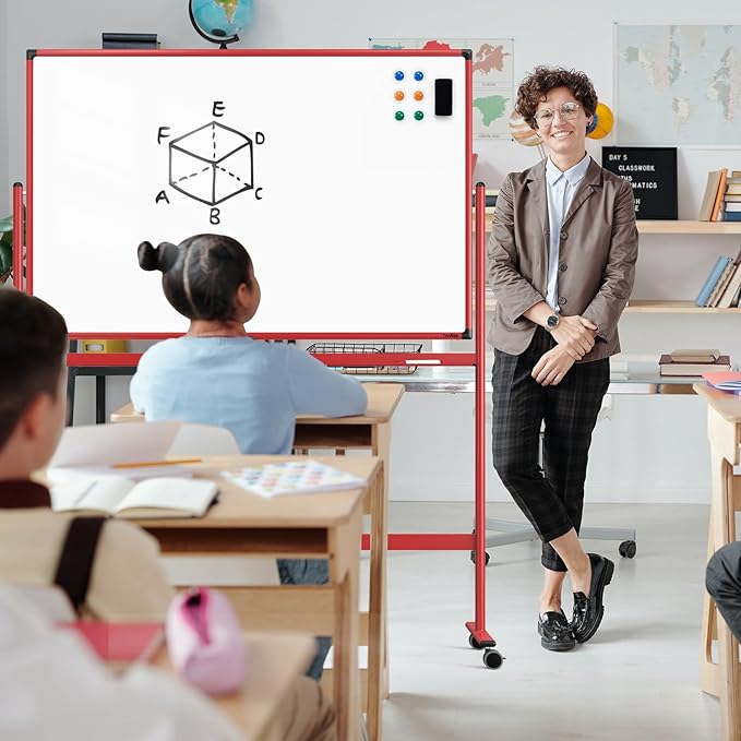 Rolling Whiteboard, 48x32 Inches Dry Erase Board with Stand, Magnetic Mobile Whiteboard on Wheels, Standing White Board for Office, School, Home, Large Double Sided White Board with Paper Pad