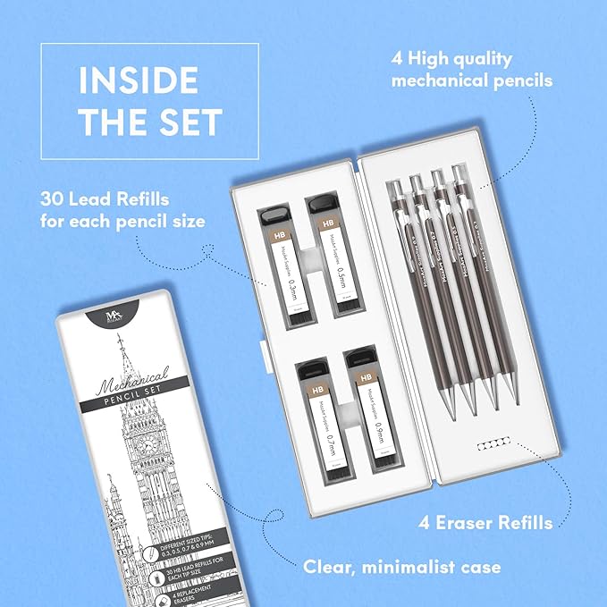 MozArt Mechanical Pencil Set with Case - 4 Sizes: 0.3, 0.5, 0.7 & 0.9mm with 30 HB Lead Refills Each & 4 Eraser Refills -Sketch, Drafting, Art, Drawing Supplies (Nickle)