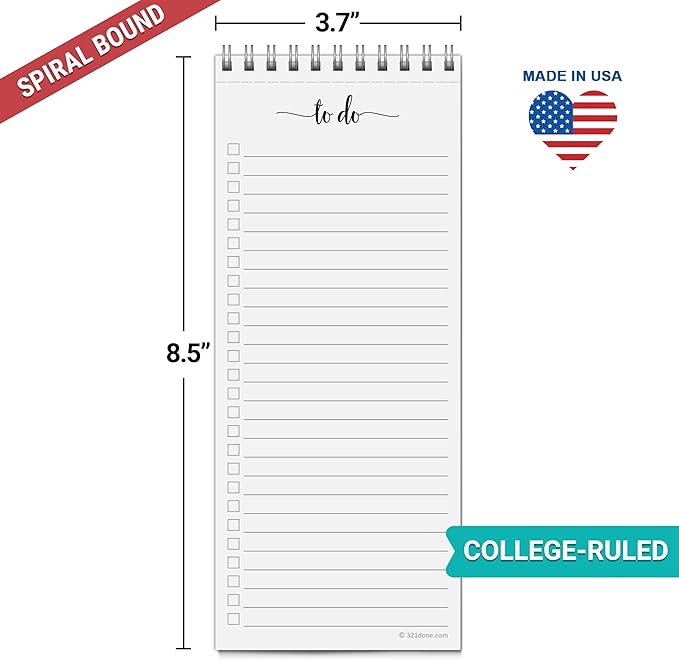 321Done Skinny to Do List Notepad, 3.7x8.5 Spiral - Made in USA, Undated Daily Checklist, Simple Stylish to-Dos Memo Pad for Planning, Tasks, Appointments, Reminders for Home, Office - 50 Sheets