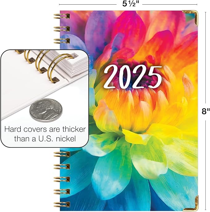 HARDCOVER 2025 Planner, 5.5"x8": 14 Months (November 2024 - December 2025), Daily Weekly Monthly Planner, Yearly Agenda, Bookmark, Pocket Folder and Sticky Note Set (Rainbow Petals)