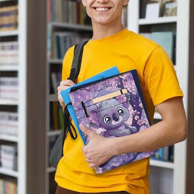 COEQINE Cute Book Covers for Paperbacks Purple Flower Girls Book Cover Pouch with Cute Animal Koala Pattern Book Sleeves with Zipper 9x11 Inch