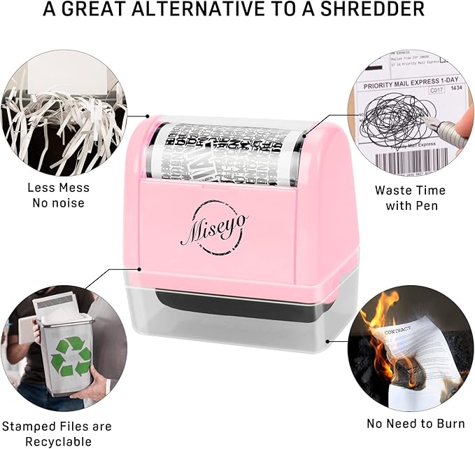 Miseyo Identity Theft Protection Roller Stamp Set - Pink (6 Refill Ink Incleded)