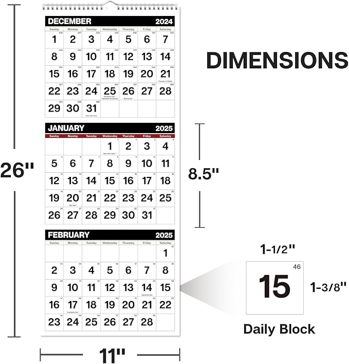 Dunwell Three Month View Calendar 2025 (Black), 11x26" Open, 3-Month Wall Calendar Vertical, Use to December 2025, 3 Panel, Ships Folded
