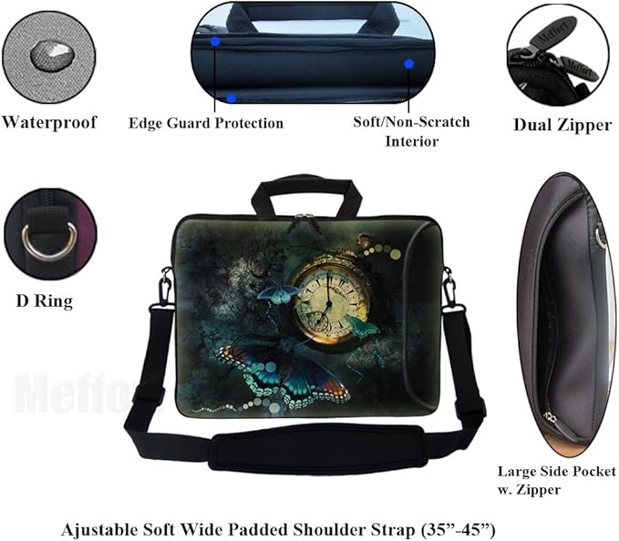 Meffort Inc 17 Inch Neoprene Laptop Bag with Extra Side Pocket, Soft Carrying Handle & Removable Shoulder Strap Fit 16" to 17.3" Size - Clock Butterfly