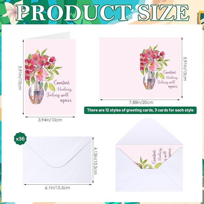 36 Sets Christian Get Well Soon Cards with Scripture Assorted Religious Bible Verse Wishing You Well Greeting Cards with Envelope(Printing Floral)