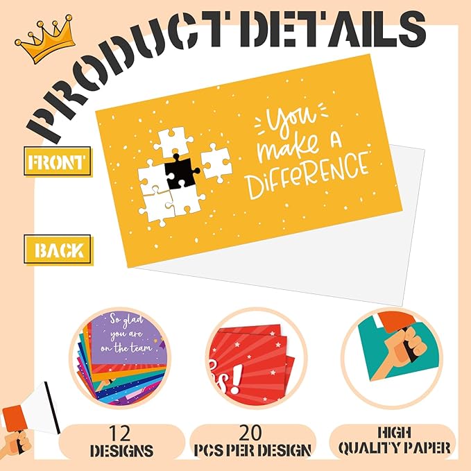 Yeaqee 240 Pcs Employee Appreciation Kudos Cards Funny Blank Back Motivational Card Encouragement Thank You Note Recognition Card for Teacher College Affirmation Gift(Classic)