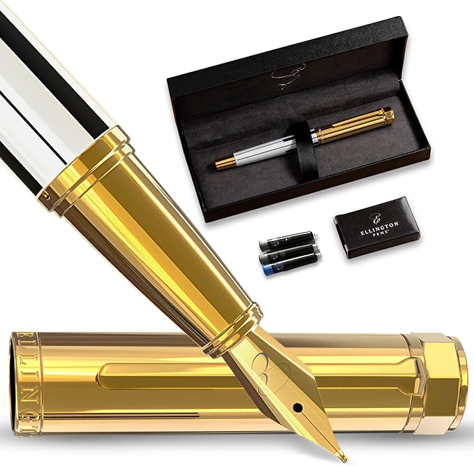 Luxury Fountain Pen Set- Fountain Pens for Writing - Smooth Extra Fine Nib - Includes Refillable Ink Converter, 3 Ink Cartridges [Black & Blue], Gift Box - Elegant Calligraphy