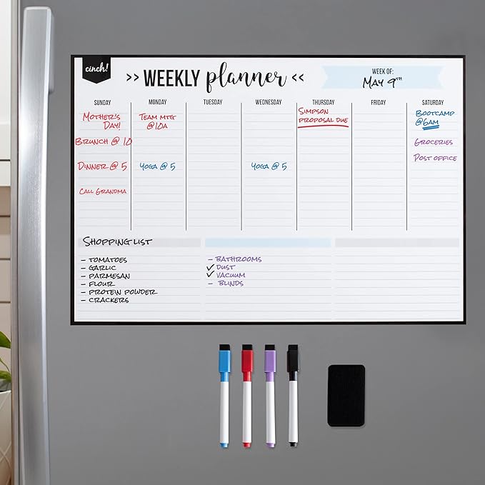 Cinch! 17x12-Inch Magnetic Weekly Planner for Fridge - Weekly Calendar and Meal Planner - Stain Resistant Dry Erase Whiteboard with 4 Fine Tip Markers and Eraser for Easy Scheduling