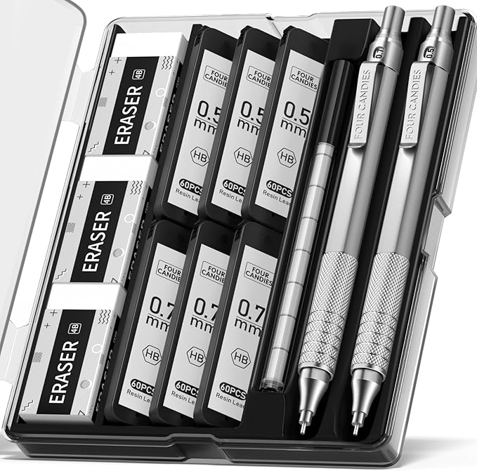 Four Candies 2PCS Metal Mechanical Pencils Set with Case, 0.5mm & 0.7 mm Artist Pencil with 6 Tubes (360PCS) HB Lead Refills, 3 Erasers,9 Eraser Refills For Writing Drafting, Drawing, Silver