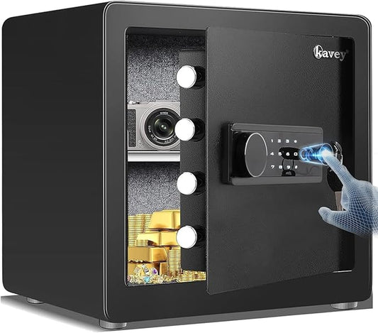 Kavey 1.6 Cub Biometric Safe, Home Safe with Backlit Touch Screen Keyapd and Dual Alarm System, Money Safe with Mute Function and LED Light, Small Safe Box for Home Documents Valuables
