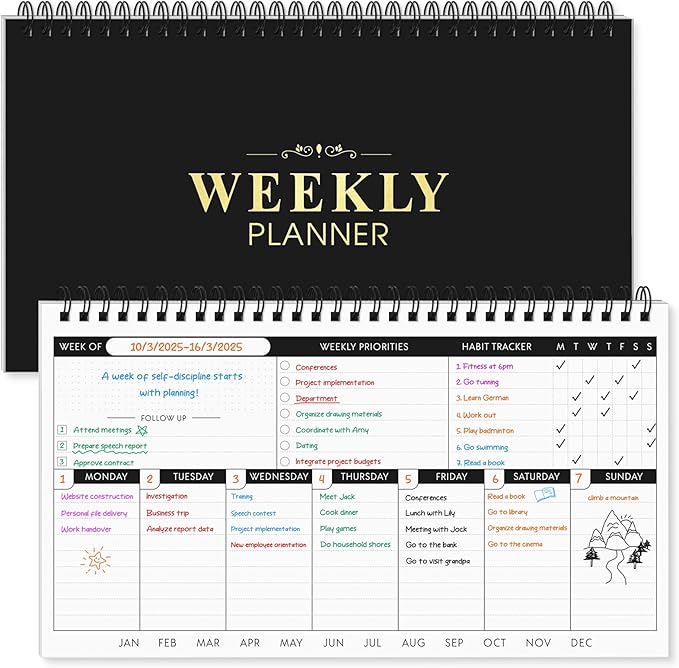 Weekly Planner, Black Undated Planner with Habit Tracker & Weekly Priorities, 6.3'' x 11.2'', To Do List Notebook with Dotted Pages for Organizing