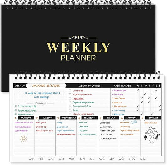 Weekly Planner, Black Undated Planner with Habit Tracker & Weekly Priorities, 6.3'' x 11.2'', To Do List Notebook with Dotted Pages for Organizing