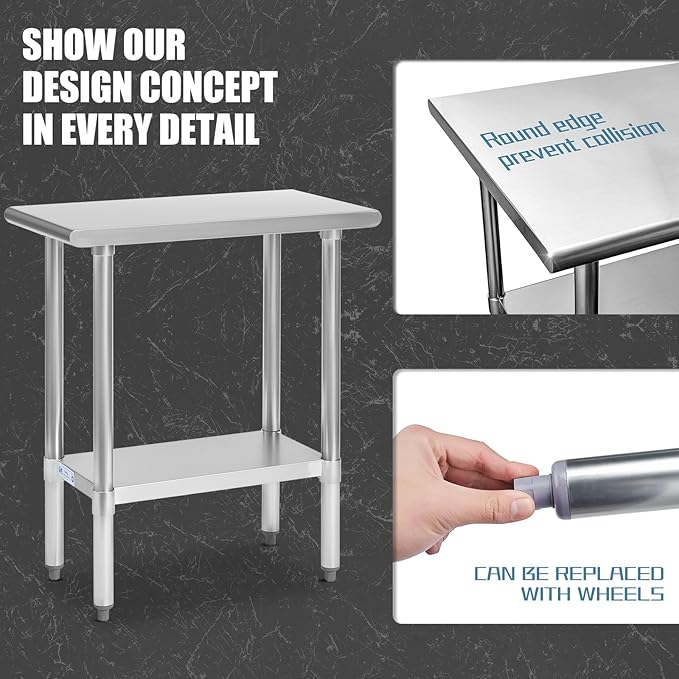 Hally Stainless Steel Table for Prep & Work 30 x 15 Inches, NSF Commercial Heavy Duty Table with Undershelf and Galvanized Legs for Restaurant, Home and Hotel