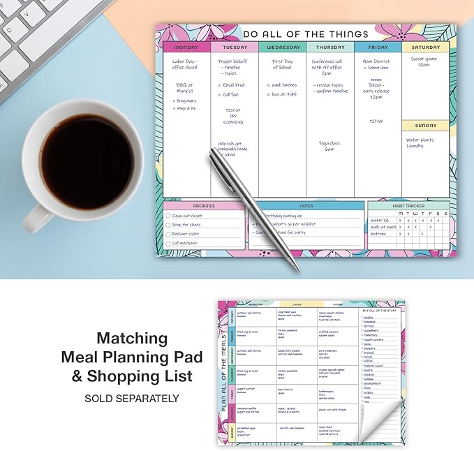 Global Printed Products 8.5" x 11" Horizontal to-Do List and Weekly Planning Pad, 60-Sheets, Sketched Floral