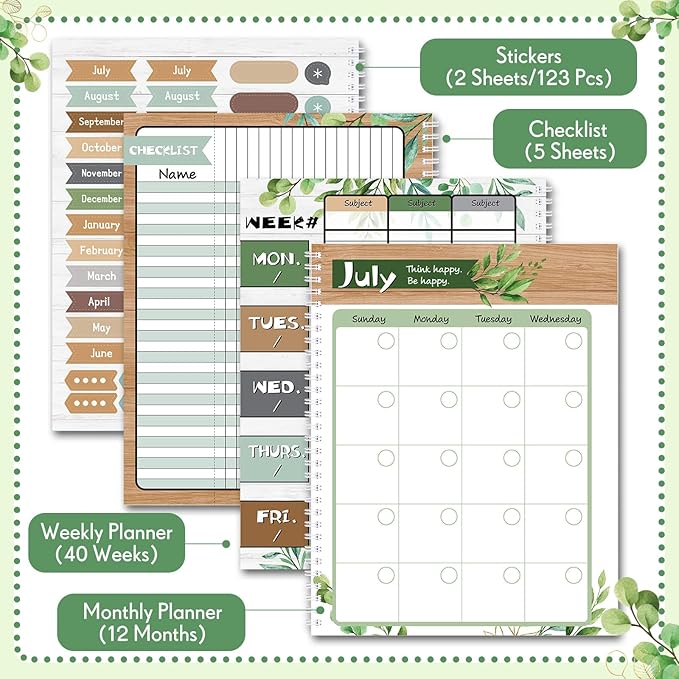 Eucalyptus Teacher Planner Undated Academic Year Teacher Lesson Planner Book Green Plants Daily Weekly Monthly Spiral Planner Checklist Organizer with Stickers for Classroom, 8.5'' x 11''