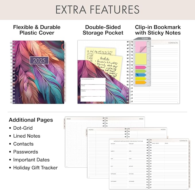 Essential PRO 2025 Daily, Weekly & Monthly Planner, 7"x9": 14 Months (Nov 2024 - Dec 2025) Monthly Tabs,Daily Tracking,Notes Pages,Storage Pocket,Bookmark w Sticky Notes (Pastel Peacock)