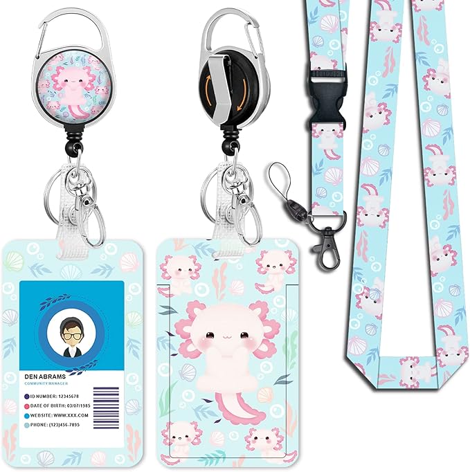 Cute Axolotls Lanyards for Id Badges, Retractable ID Badge Holder with Detachable Lanyard, Fashionable Badge Reel Heavy Duty with 360 Degrees Rotate Carabiner Clip, Nurse Teacher Office Gifts
