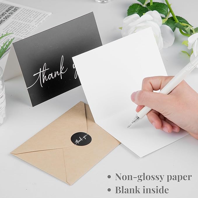 Bulk Pack of 20 Thank You Cards with Envelopes & Stickers, Black Thank You Cards 4x6 Inches - Suitable for Business, Baby Shower, Wedding, Small Business, Graduation, Bridal Shower, Funeral