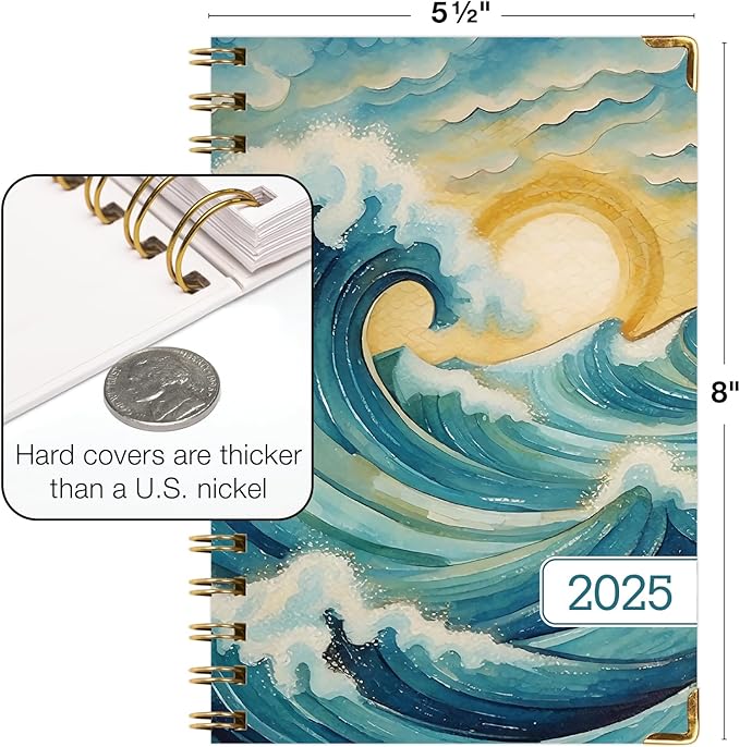 HARDCOVER 2025 Planner, 5.5"x8": 14 Months (November 2024 - December 2025), Daily Weekly Monthly Planner, Yearly Agenda, Bookmark, Pocket Folder and Sticky Note Set (Ocean Waves)