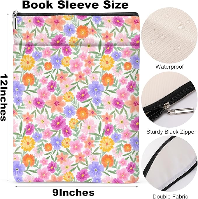Watercolor Floral Pattern Book Lovers Gifts Waterproof Book Sleeve Book Pouch Book Protector with Zipper and Front Pocket BookCover Case for Women Girl Bride Grandma Book Accessories Book Club Gifts
