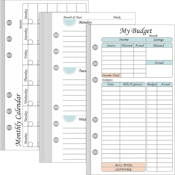164 Sheets 6 Hole Budget System Refill 37.4 x 66.93 Inch Classic Weekly Monthly A6 Planner Inserts Personal Double Sided 6 Ring Planner Refill for Binder Cover Budgeting Envelope Wallet Bill Saving