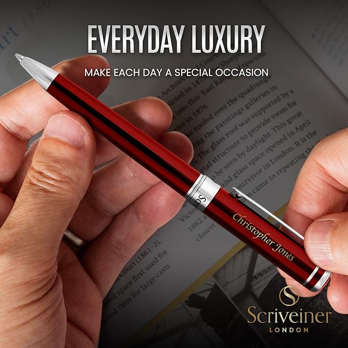 Scriveiner Personalized Deep Crimson Red Pen - Stunning Red Lacquer Luxury Pen with Chrome Finish, Schmidt Ink Refill, Best Engraved Ball Point Gift Set for Men & Women, Custom Name Engraving