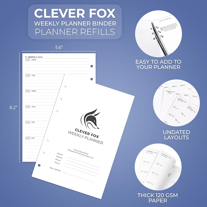 Clever Fox Weekly Planner Binder Refills – 12-Month Planner Page Refill Set - Planner for Time Management & Weekly Tasks – Work & Life Organizer with to Do List – Undated A5 Pages